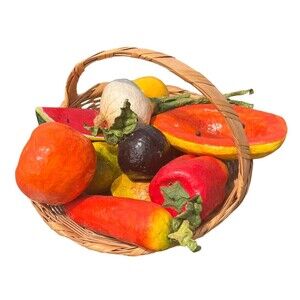 Papier-Mâché Fruits And Vegetables w/ Basket Paper‎ Mache Folk Art Farmhouse